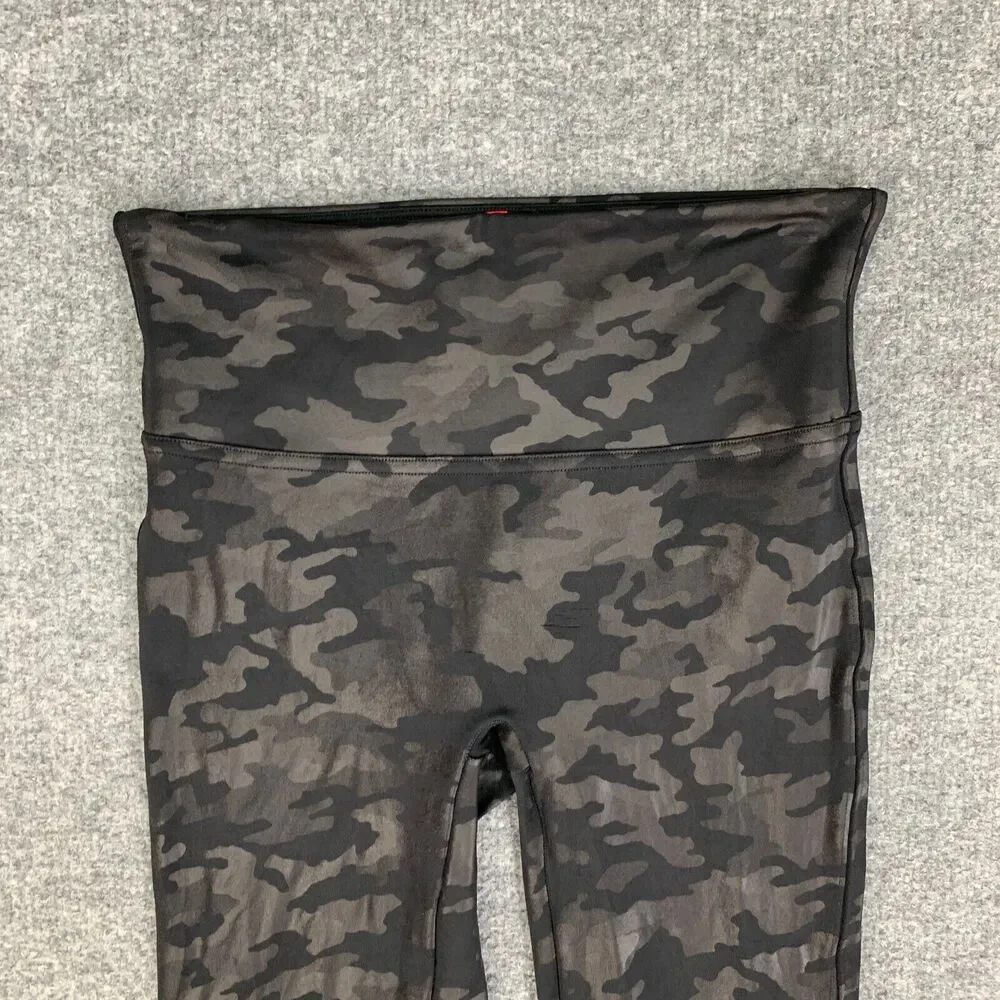 Spanx Legging Womens S Small Black Camo Faux Leather Pull On Wide Band Fitted